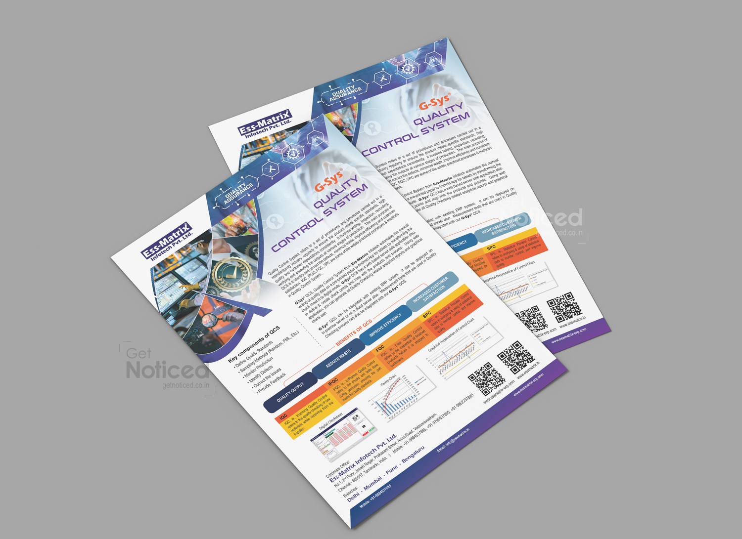 A4 flyer design for Ess-Matrix Infotech showcasing Quality Control software features