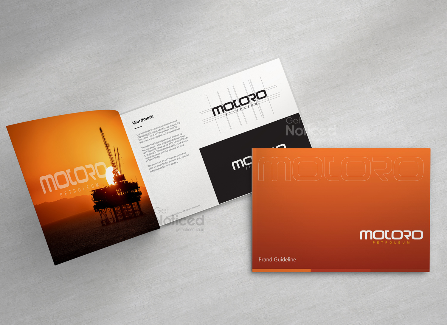 Brand guideline layout showing logo usage and grid system for Motoro Petroleum