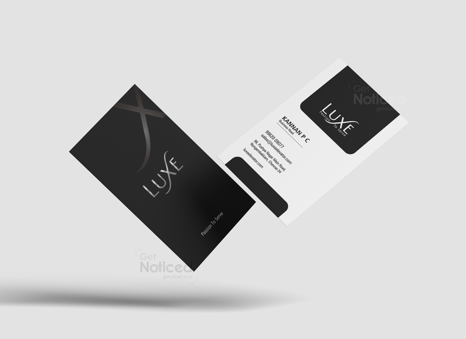 Luxe Elevators business card design showcasing modern corporate identity