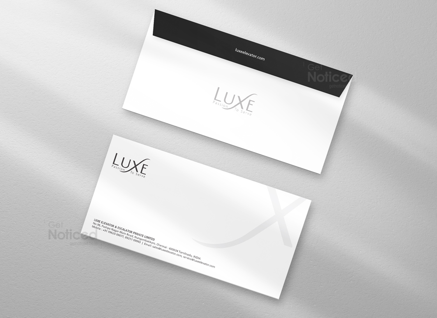 Luxe Elevators stationery set with business card, letterhead, envelope, and ID card
