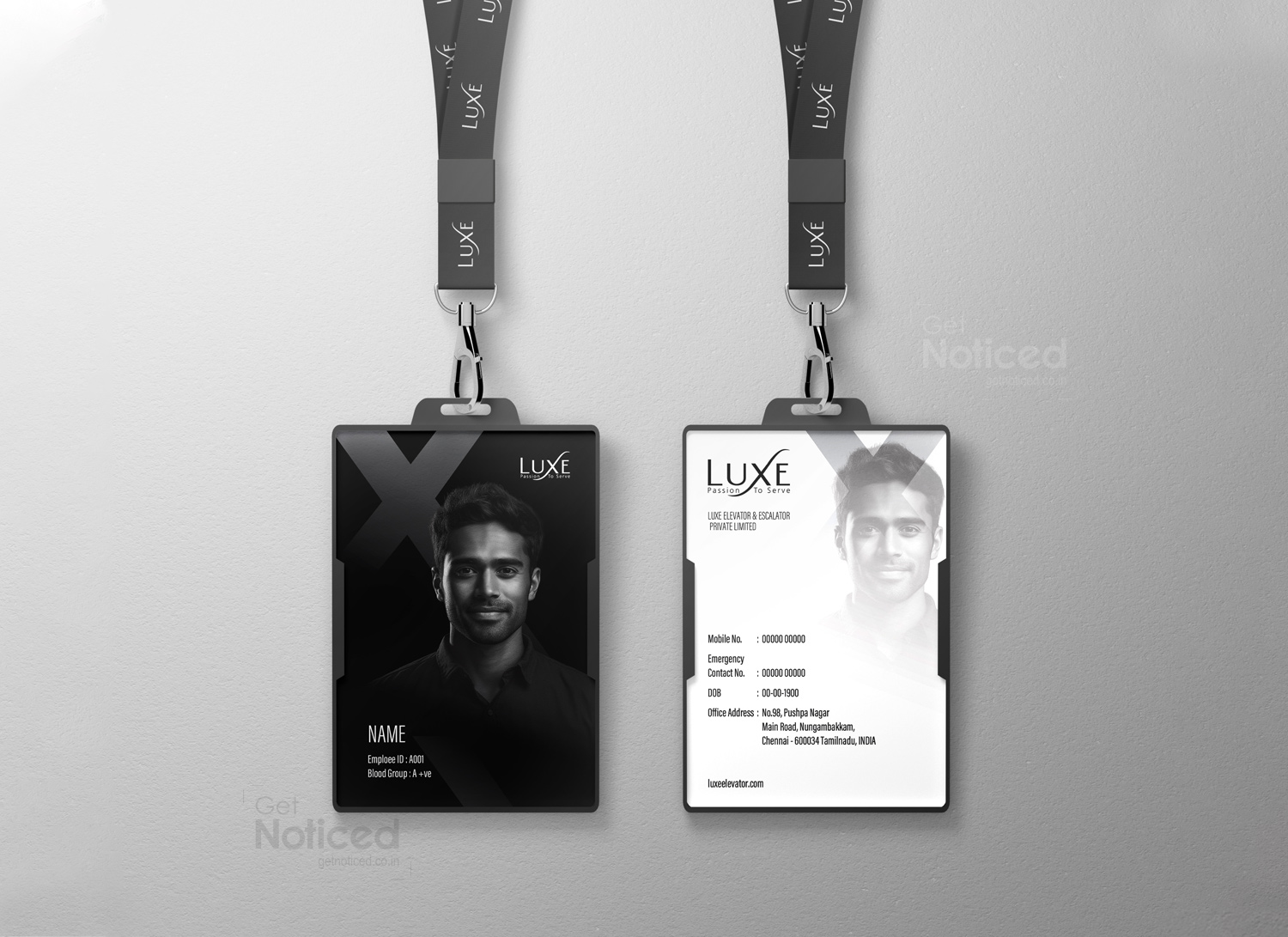 Employee ID card design for Luxe Elevators with professional branding