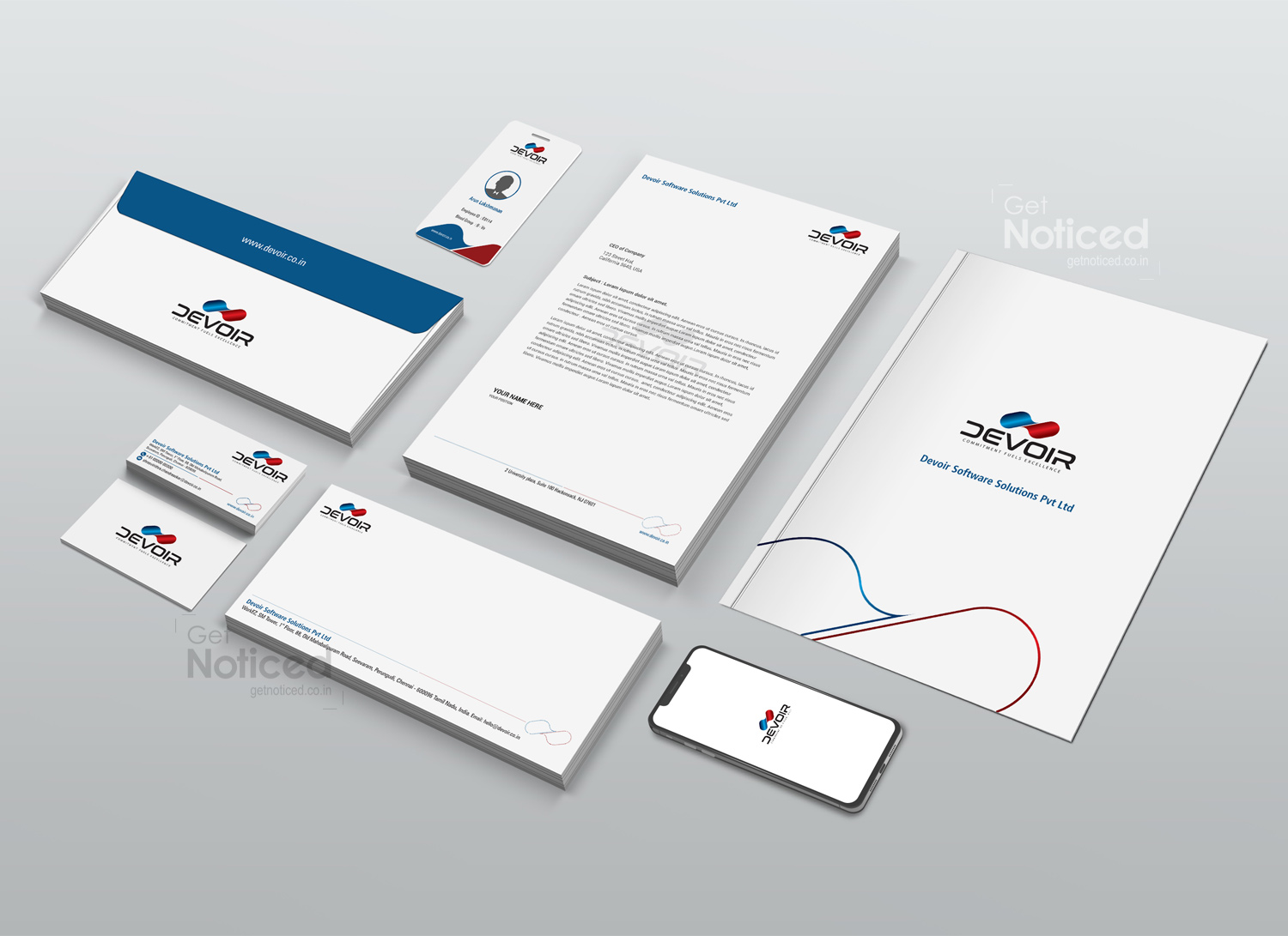 Devoir brand identity featuring sleek business card and letterhead design for software solutions.