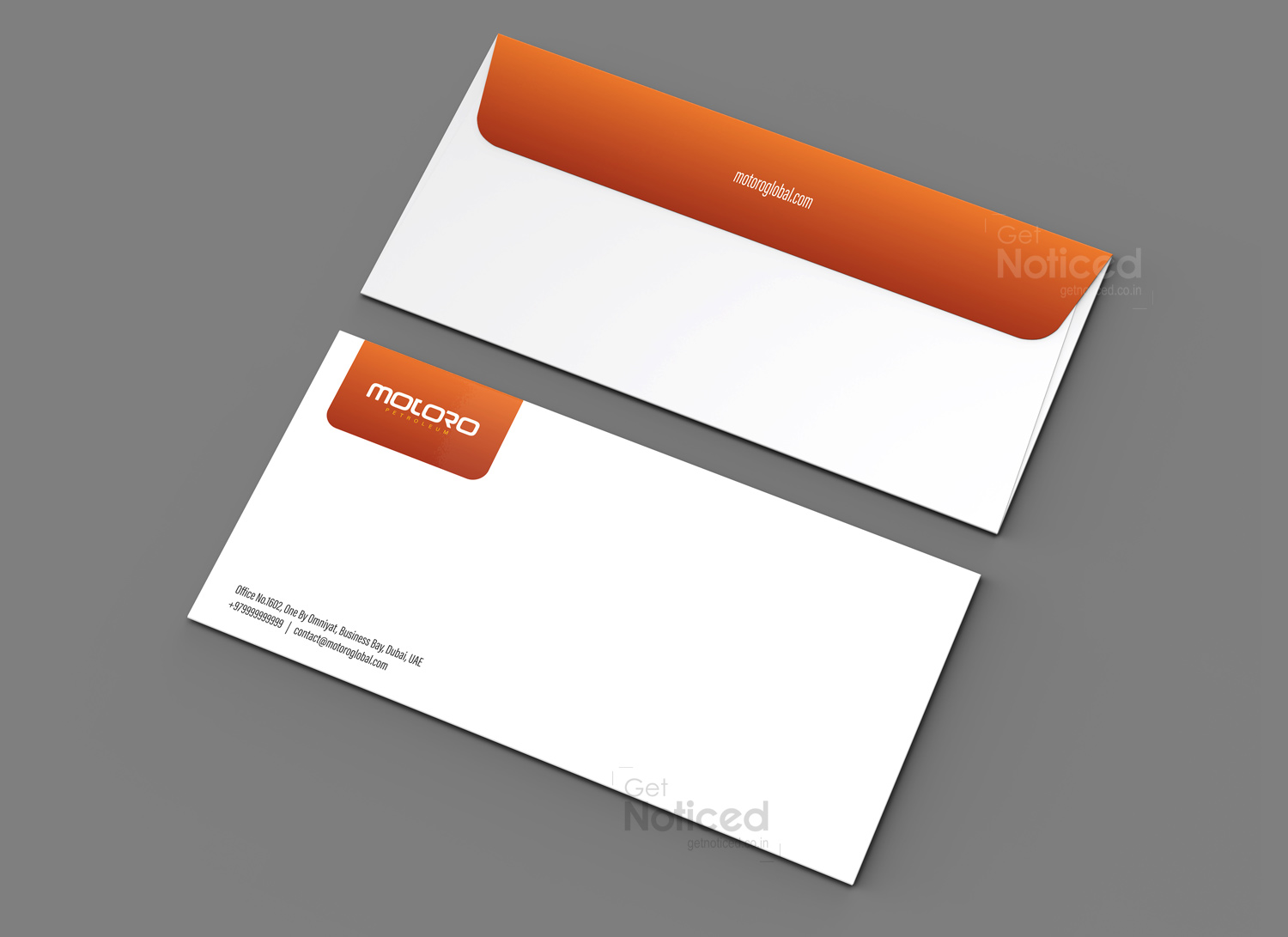 Envelope design for Motoro Petroleum featuring logo and clean layout for global brand appeal