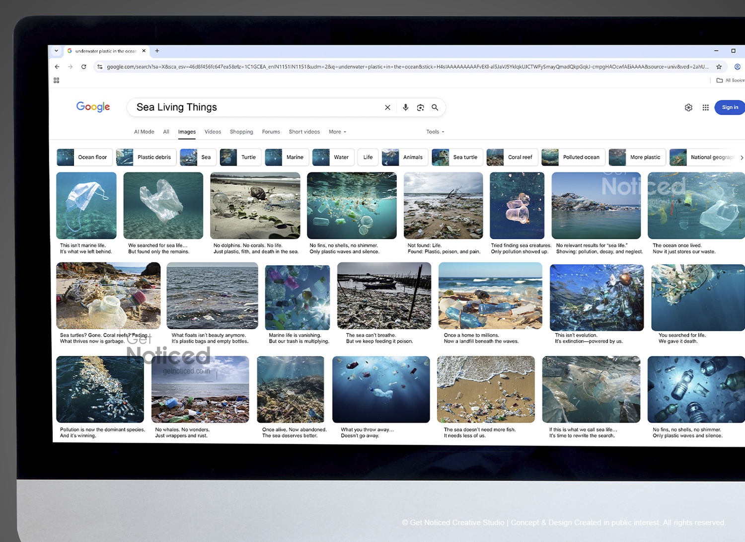 Creative outdoor advertisement design exposing ocean pollution awareness in google search