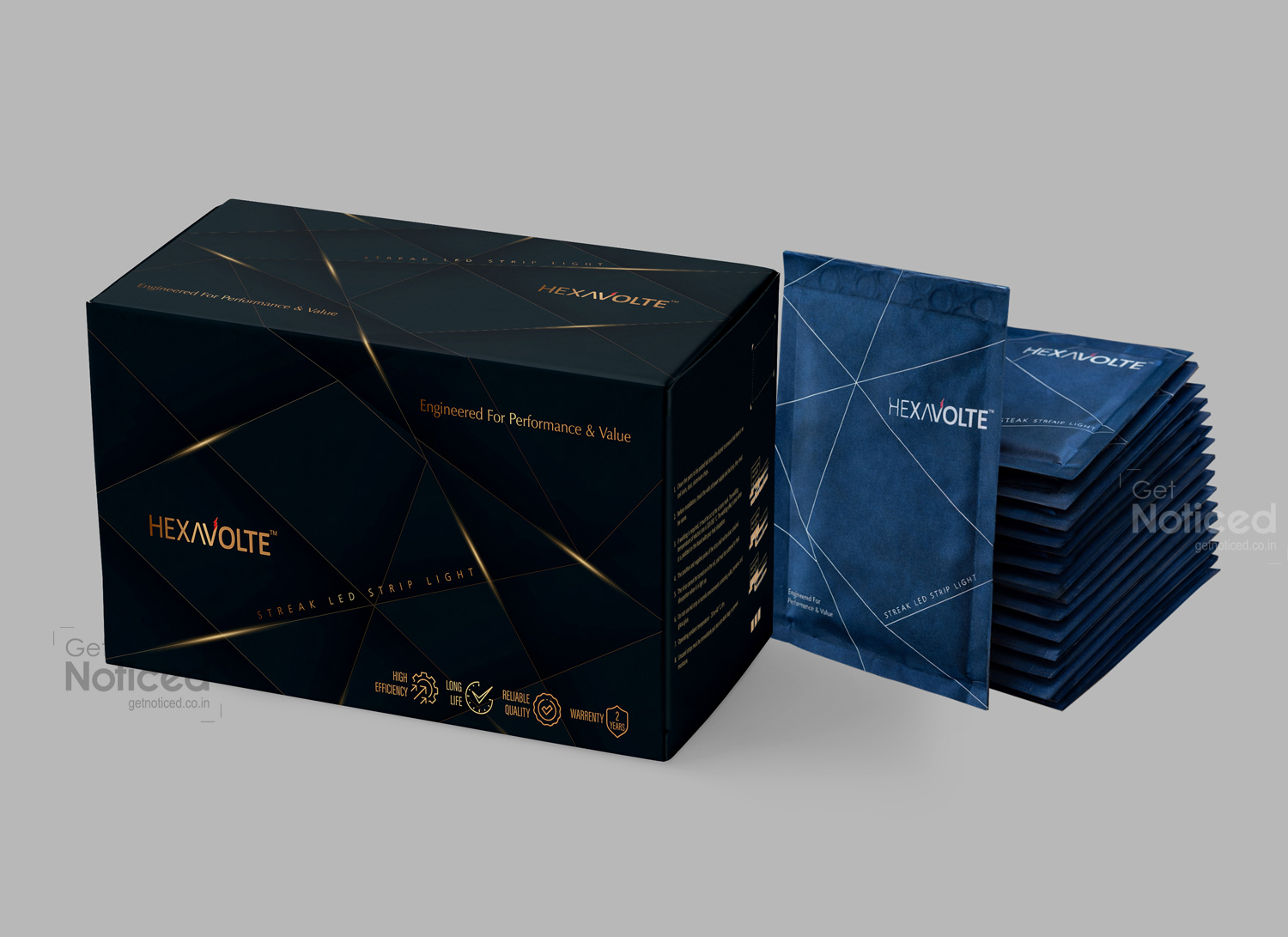 Creative packaging design showing HEXAVOLTE LED Strip Lite master box with custom inner pouches