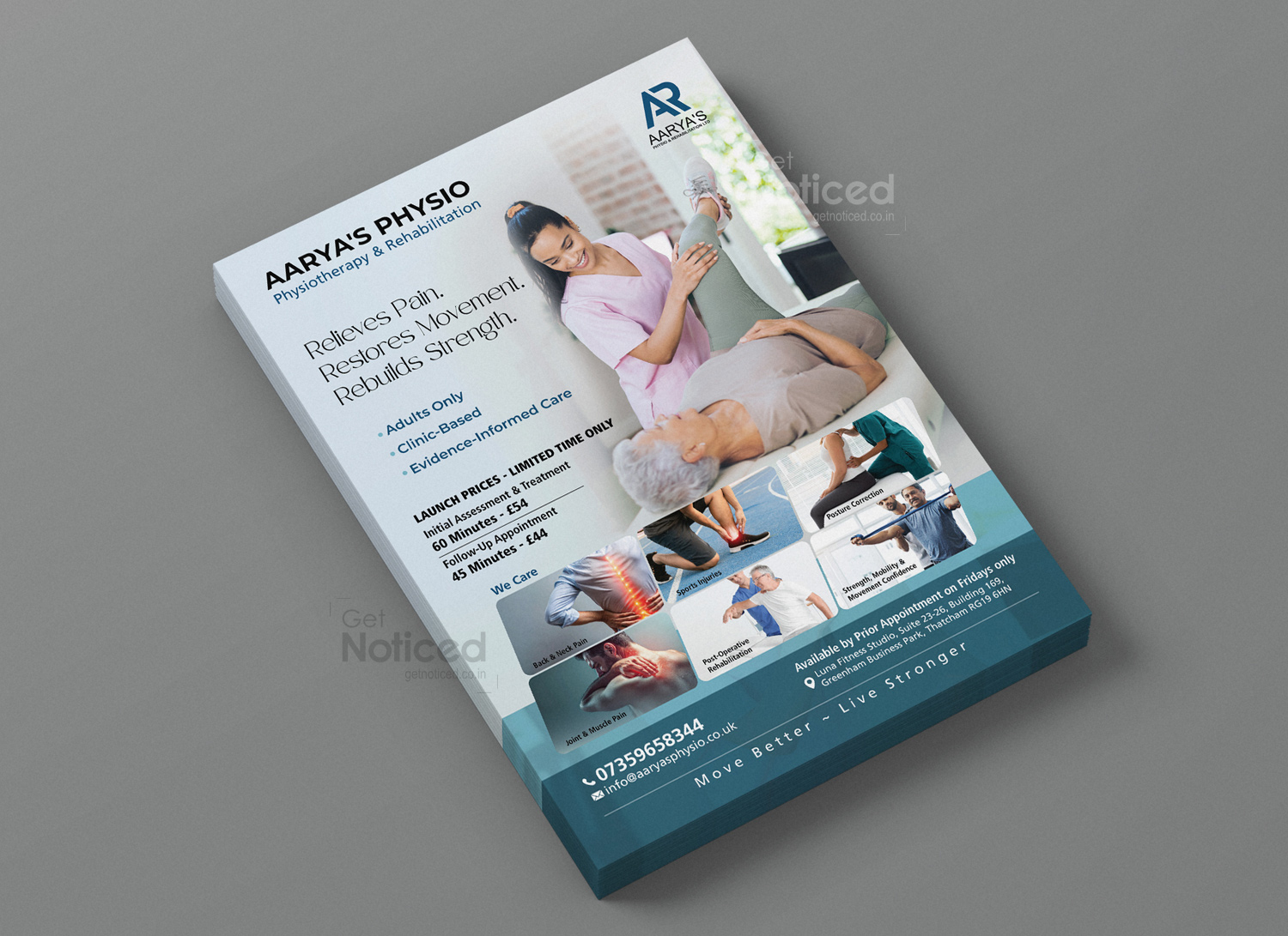 Custom A4 flyer design for Aarya’s Physio UK physiotherapy and rehabilitation services