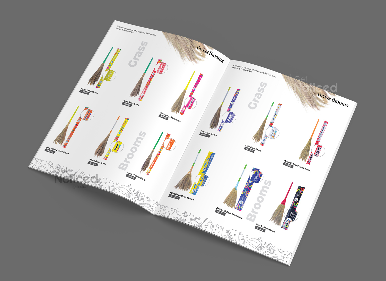 Inside page layout showing broom and mop product range for cleaning supply wholesale