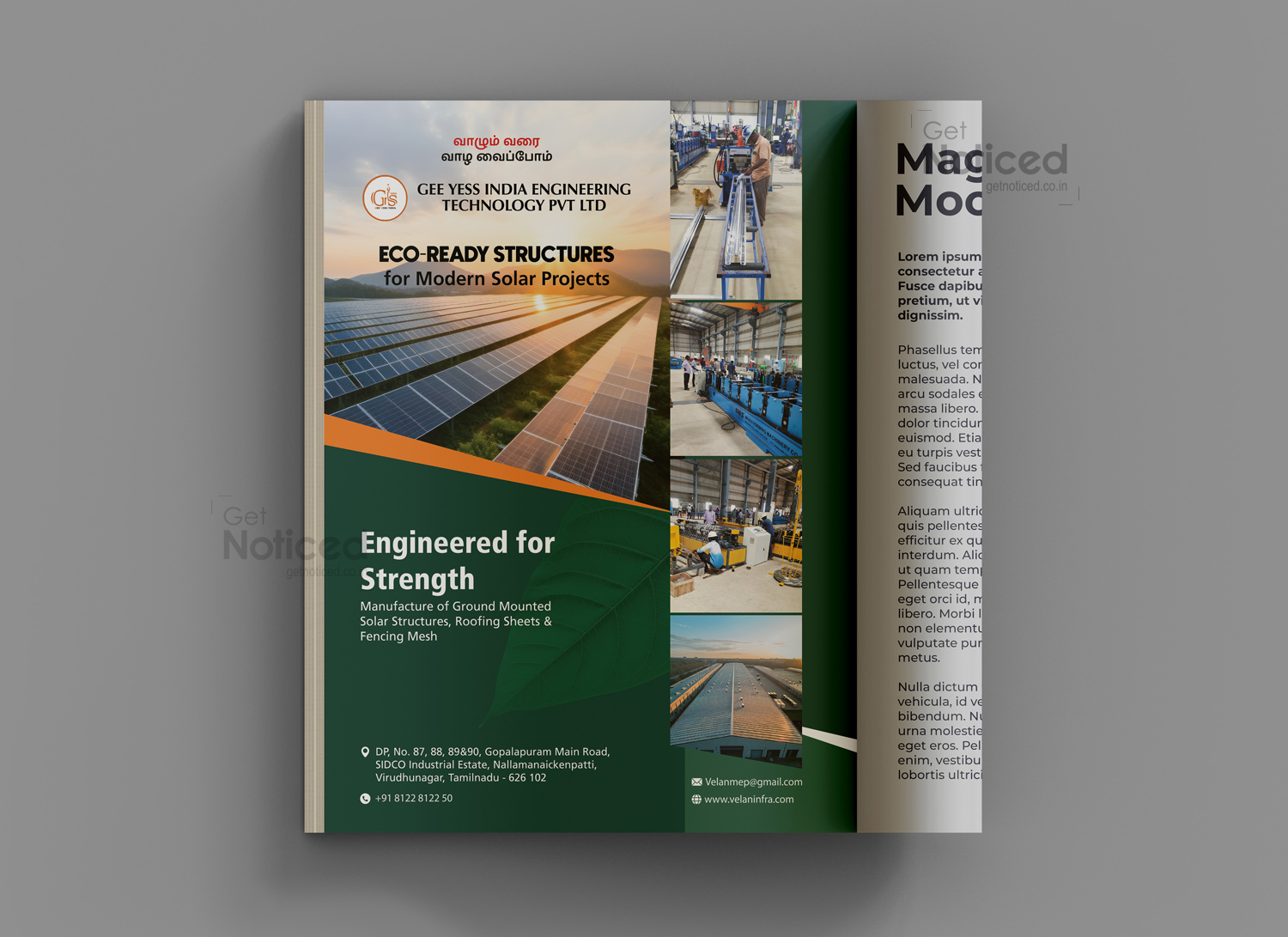 Magazine ad design for Velan Infra showcasing solar project branding and structured layout