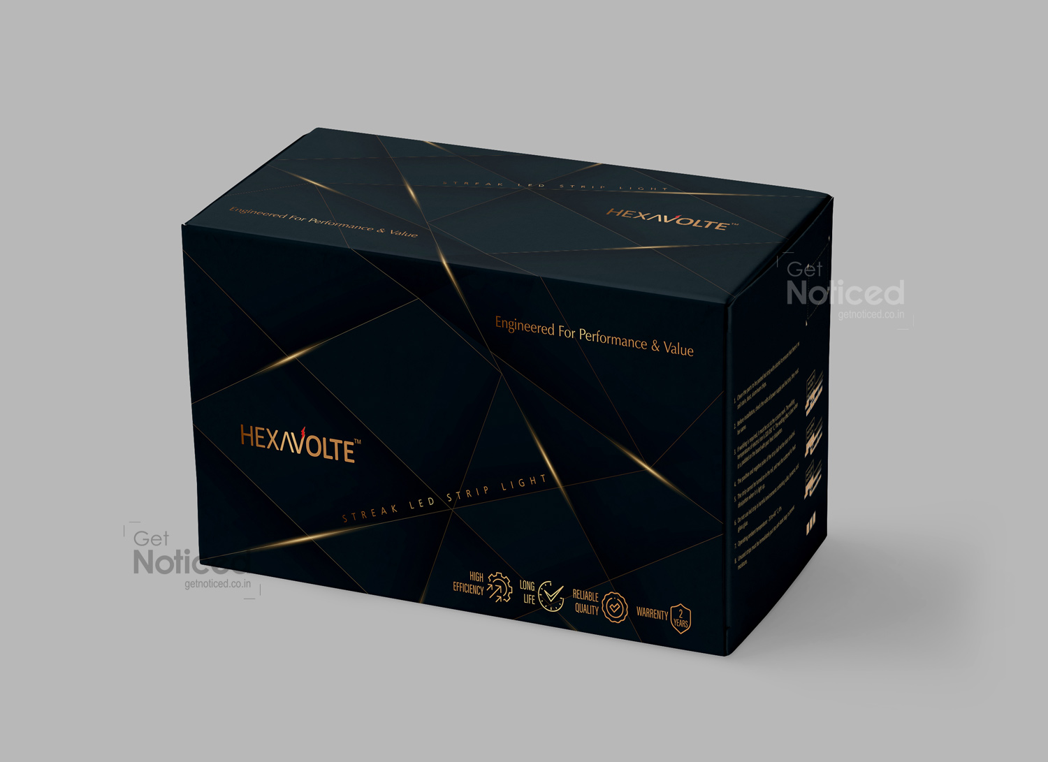 Premium product packaging design for HEXAVOLTE LED Strip Lite master box with geometric branding