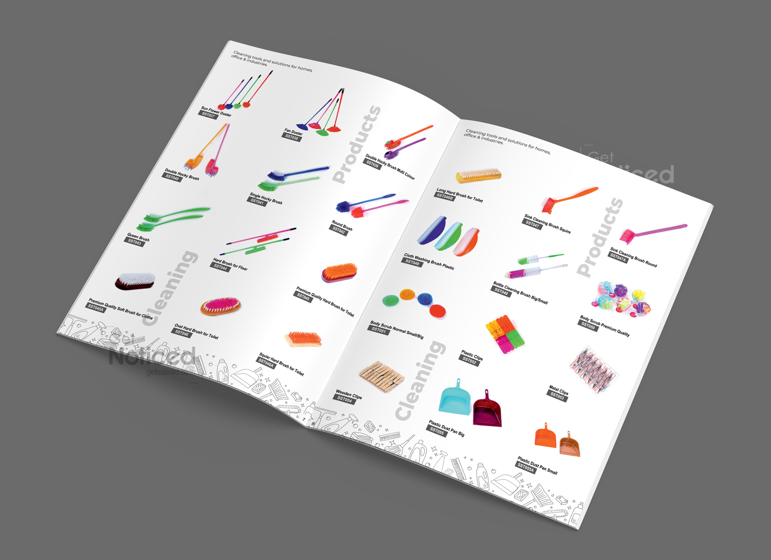 Structured catalogue spread with household and industrial cleaning products and pricing